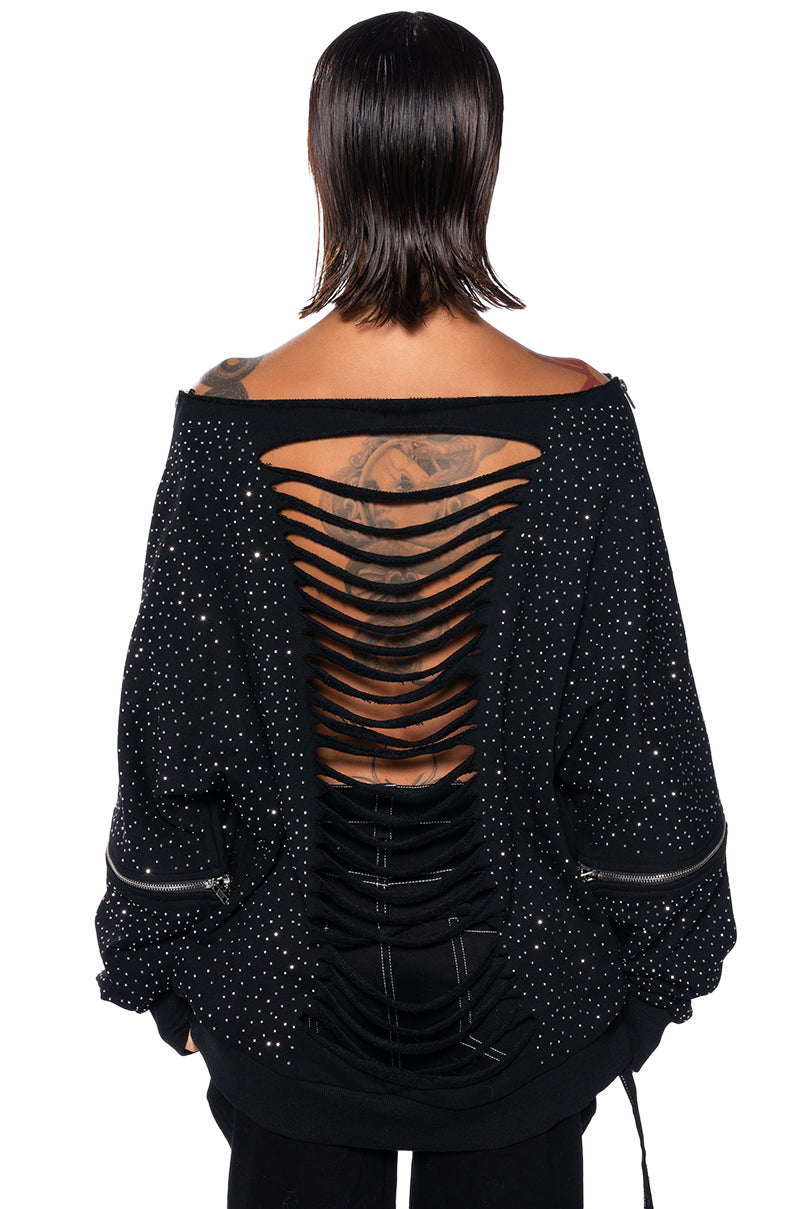 DISTRESSED OFF THE SHOULDER RHINESTONE EMBELLISHED SWEATSHIRT