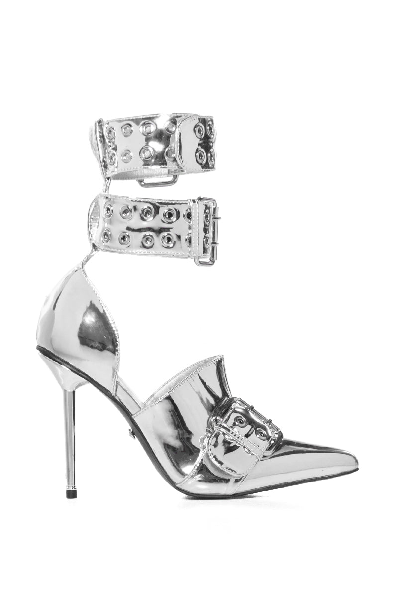 AZALEA WANG CYCLONE METALLIC DOUBLE BUCKLE STRAP PUMP IN SILVER