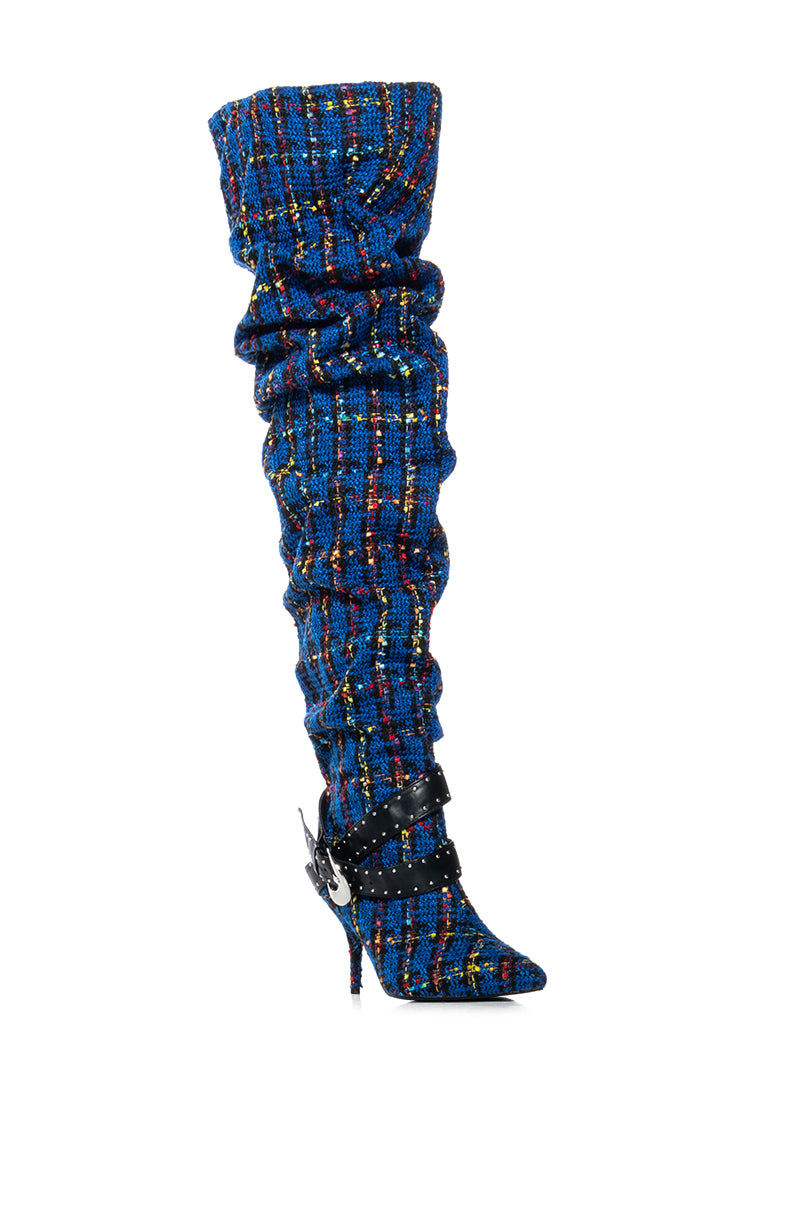 AZALEA WANG TAJA PLAID THIGH HIGH BOOT WITH BUCKLE DETAIL IN BLUE