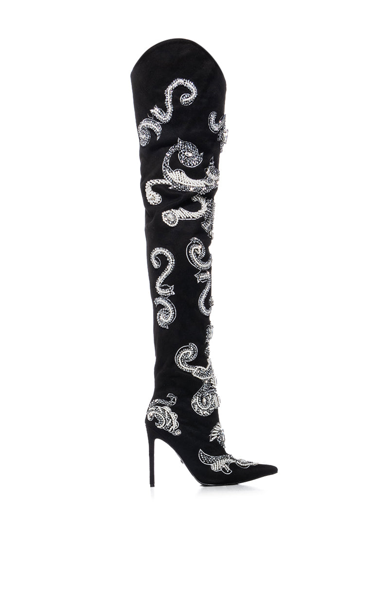 AZALEA WANG EMMETT BEADED EMBELLISHED THIGH HIGH WESTERN BOOT IN BLACK