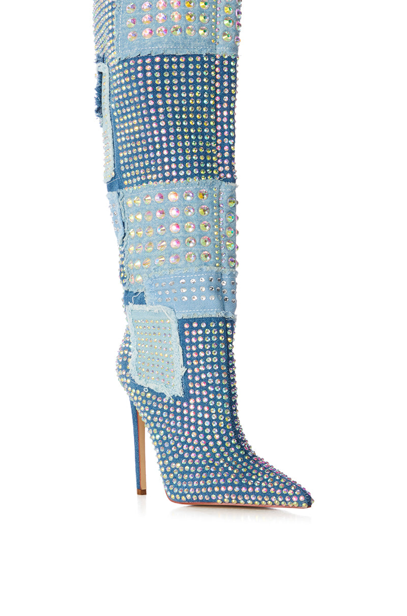 AZALEA WANG MAYABELLE DENIM AND DIAMONDS PATCHWORK BOOT