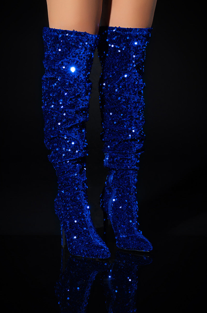 AZALEA WANG ULTRA STRETCH SEQUIN STILETTO BOOT IN BLUE