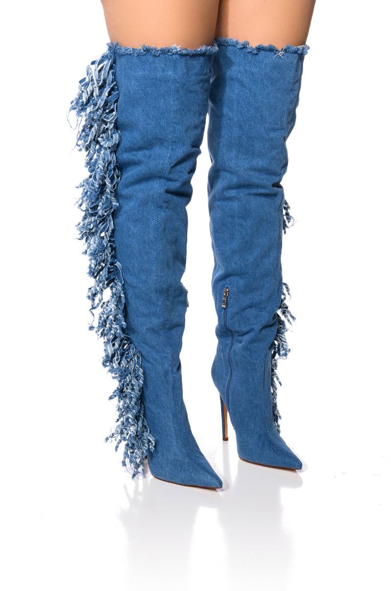 AZALEA WANG FRINGE DESIGN BOOT IN DENIM