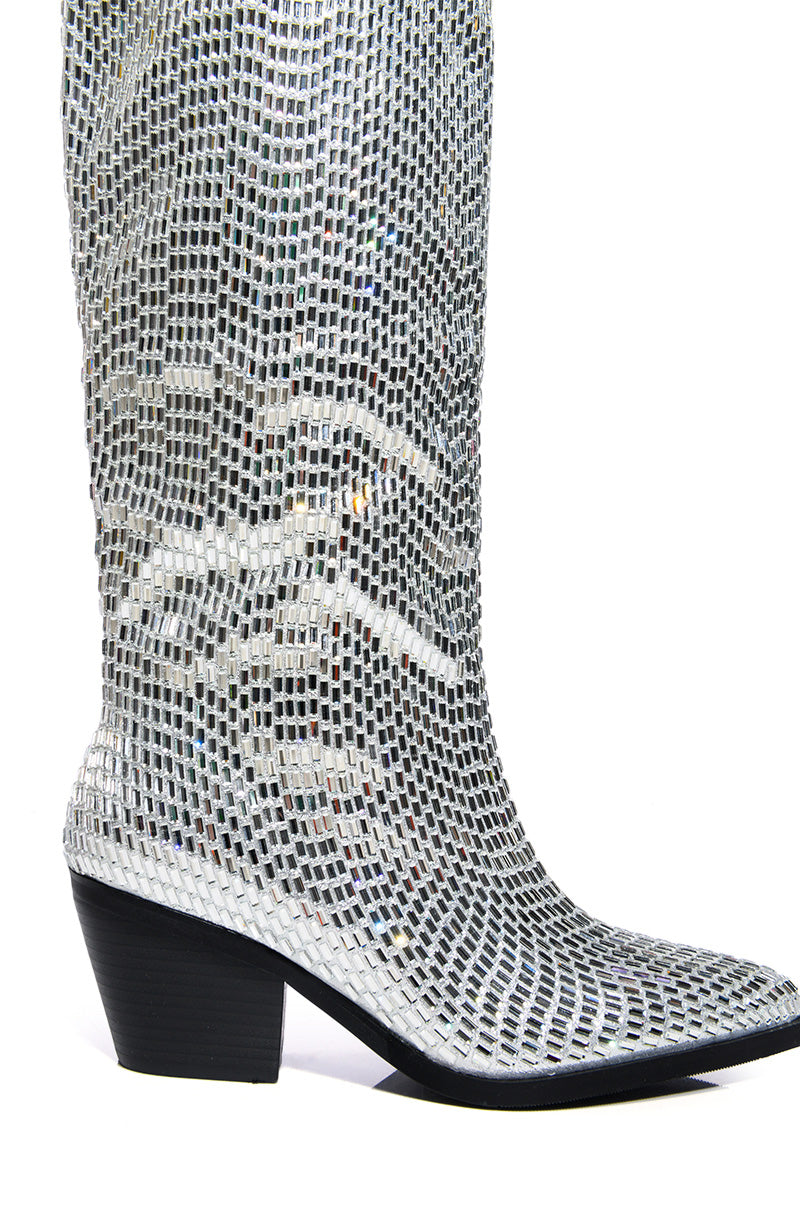 AZALEA WANG DRIVEN RHINESTONE WESTERN BOOT IN SILVER