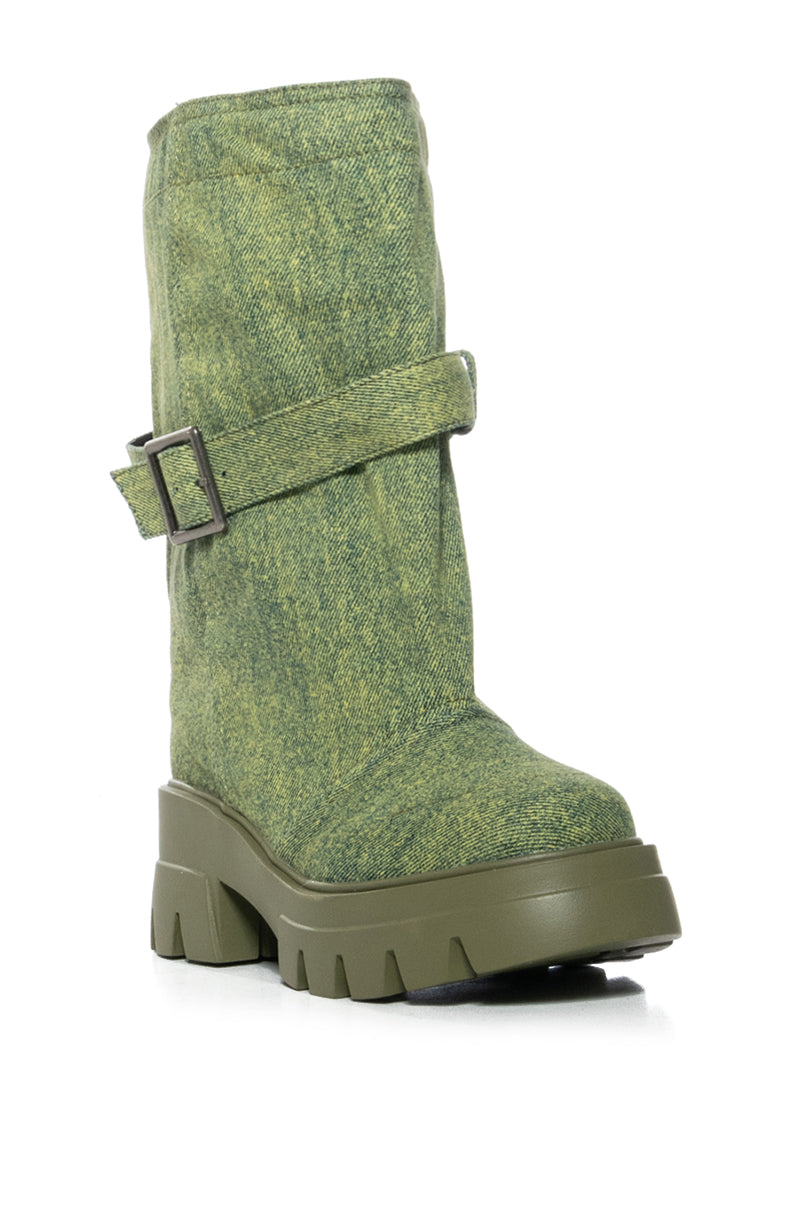 AZALEA WANG MARCELINE BUCKET GREEN DENIM BOOTIE