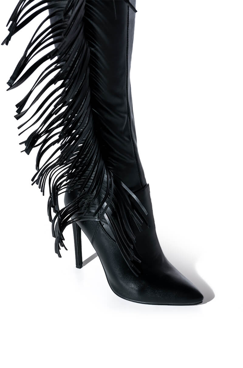 AZALEA WANG RIDE AT DAWN BELTED THIGH HIGH STILETTO FRINGE CHAP BOOT WITH 4 WAY STRETCH