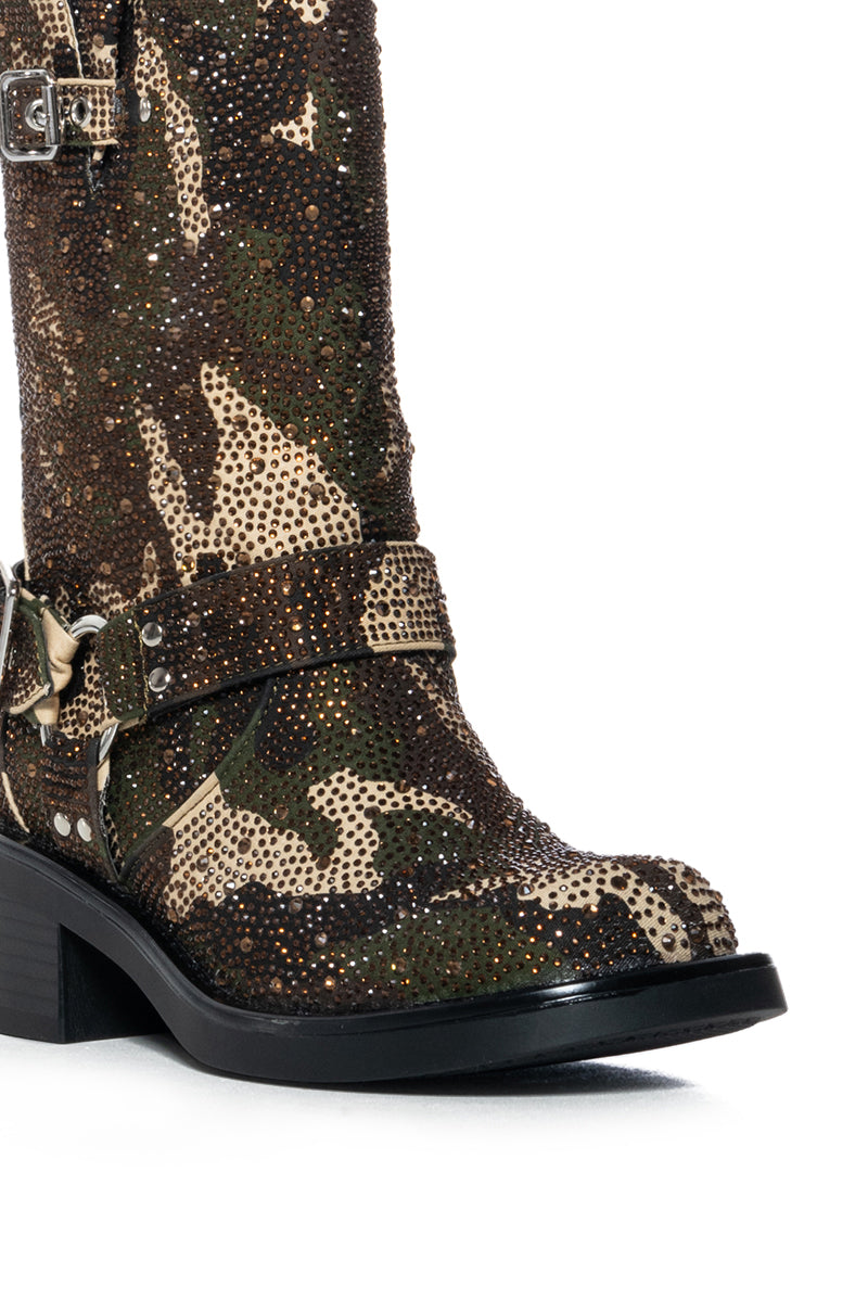 AZALEA WANG ROWENA CAMO RHINESTONE BOOTIE