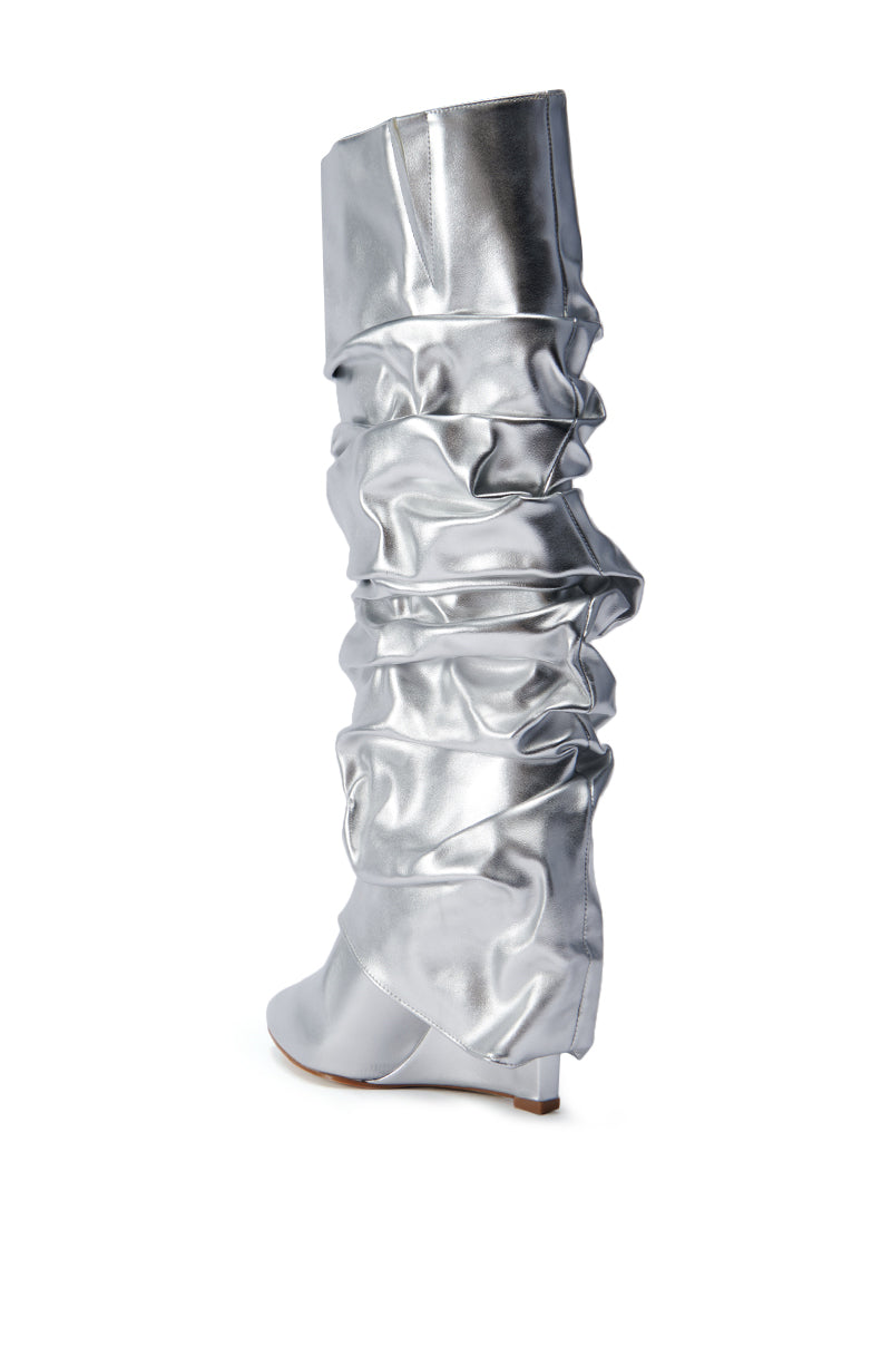 AZALEA WANG ZUMMA METALLIC RUCHED WEDGE BOOT IN SILVER