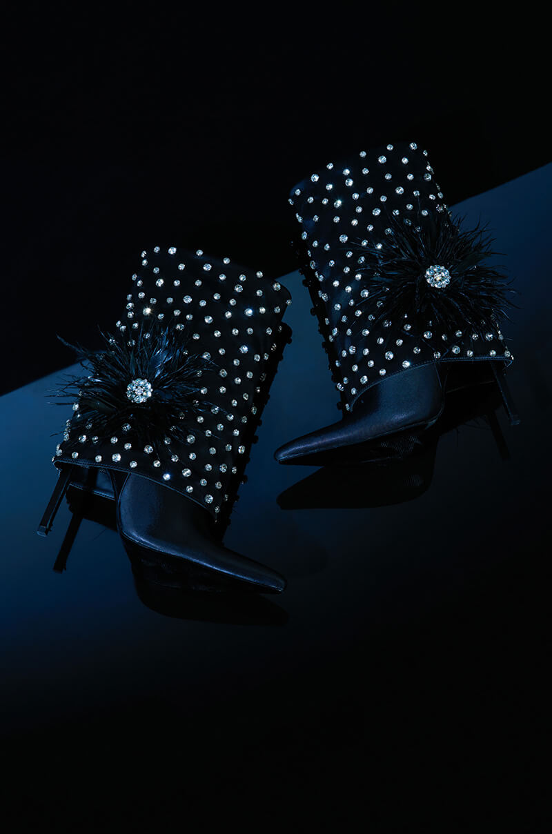 AZALEA WANG BLAISE BLACK DIAMOND STUDDED BOOT WITH FLOWER DETAIL