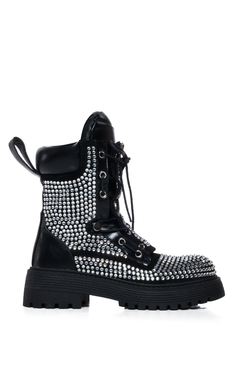 AZALEA WANG AMENITY BLACK RHINESTONE COMBAT BOOTIE