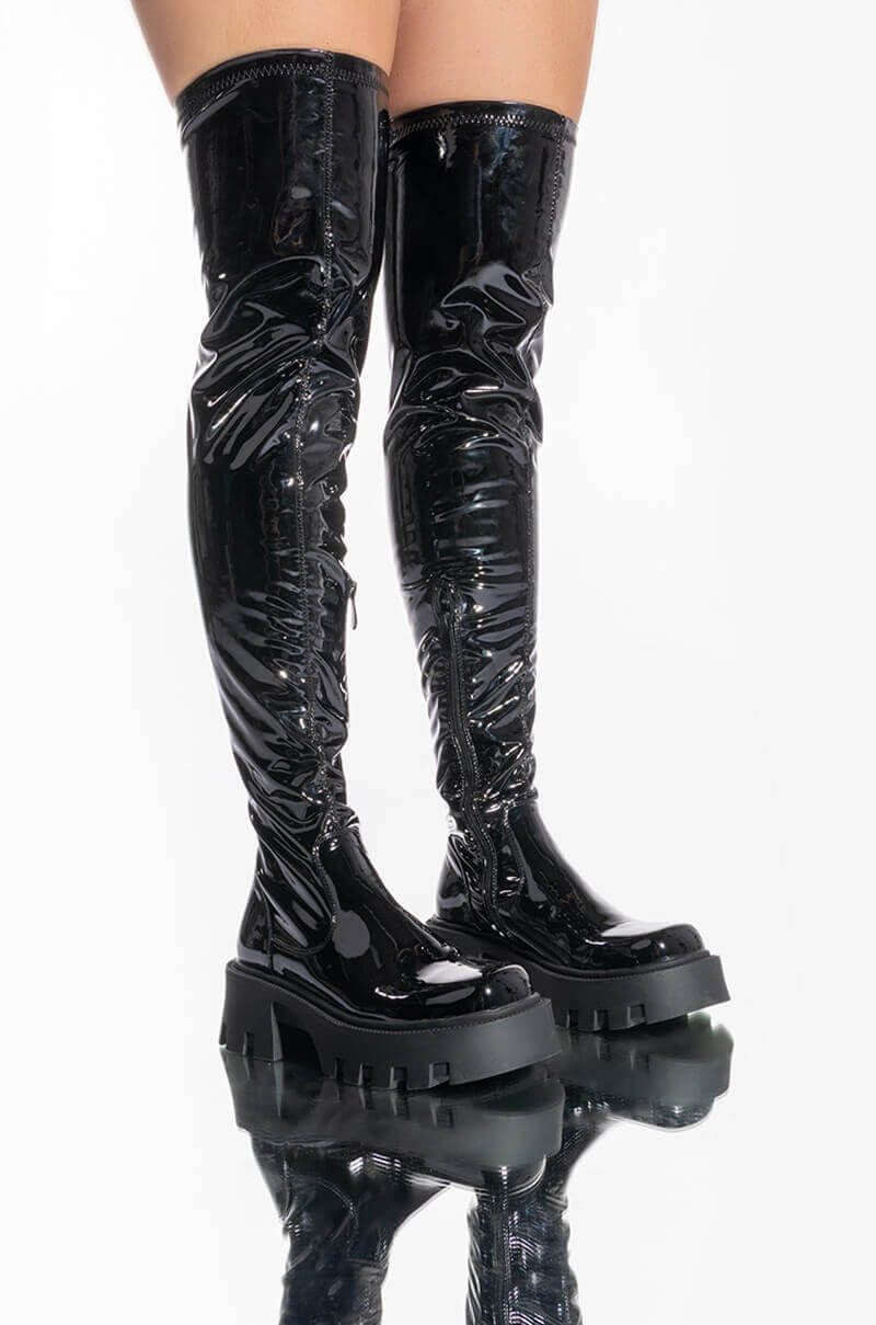 AZALEA WANG MILLY THIGH HIGH FLATFORM BOOT IN BLACK STRETCH