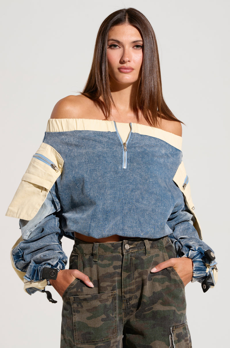 CASSANDRA OFF THE SHOULDER DENIM SCRUNCH TOP