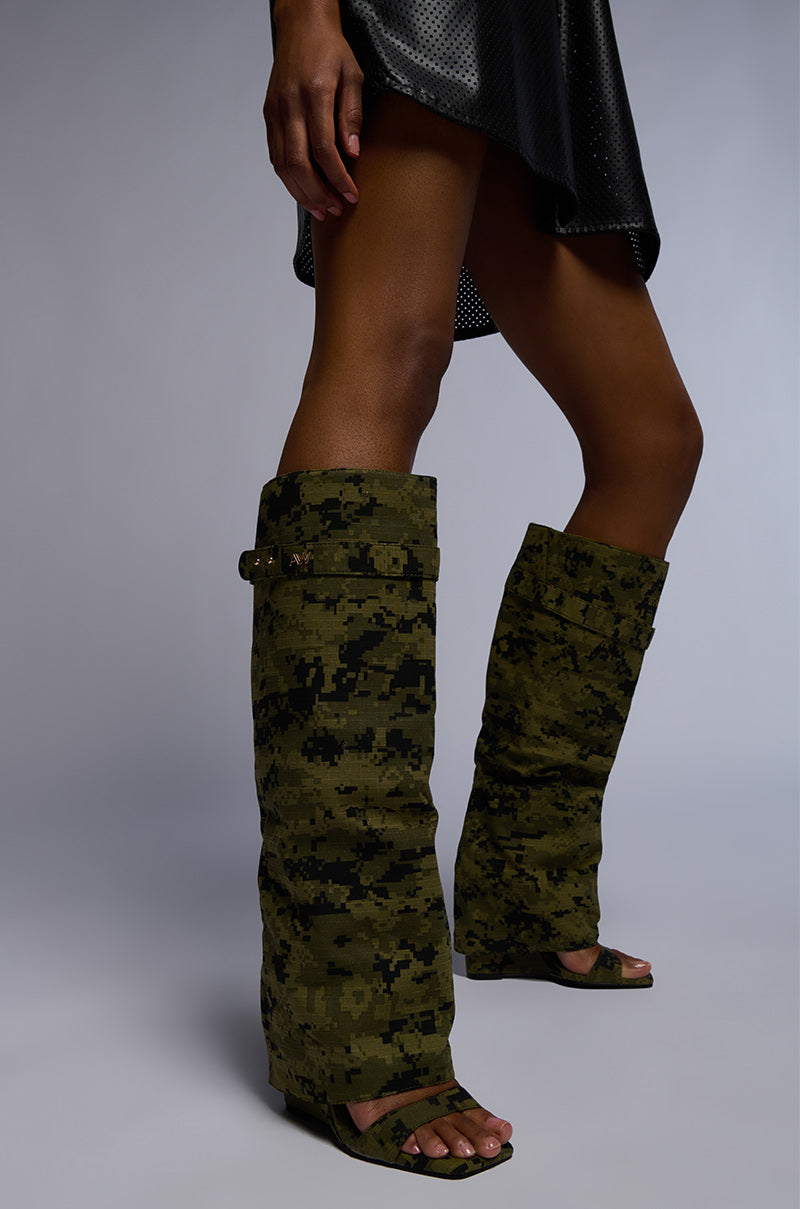 AZALEA WANG MARIETTA FOLD OVER OPEN TOE SANDAL BOOT IN CAMO