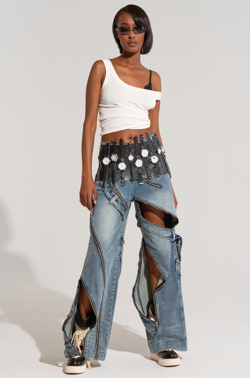 NOW AND LATER DENIM PANT WITH ZIPPER DETAILING