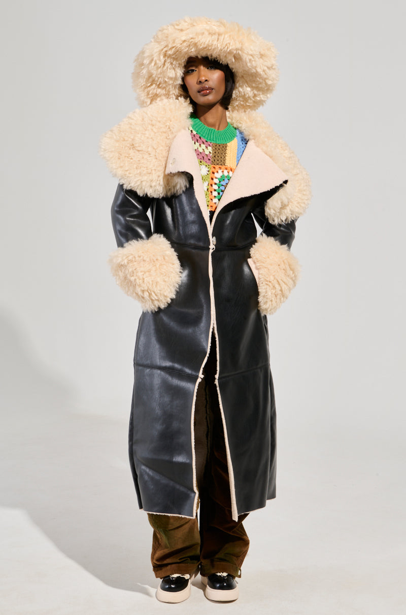 SHE GOT IT FLUFFY PU TRENCH WITH BONDED SHERPA