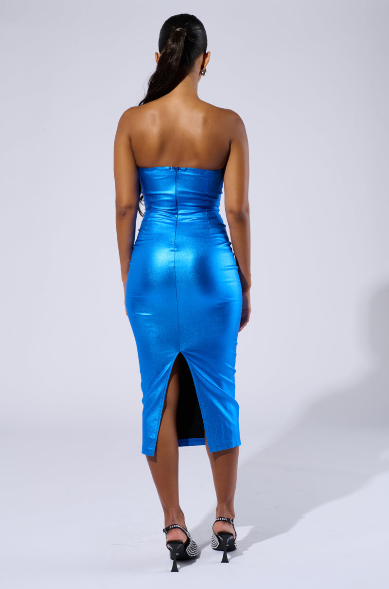 SHINE BRIGHT METALLIC BLUE MIDI DRESS