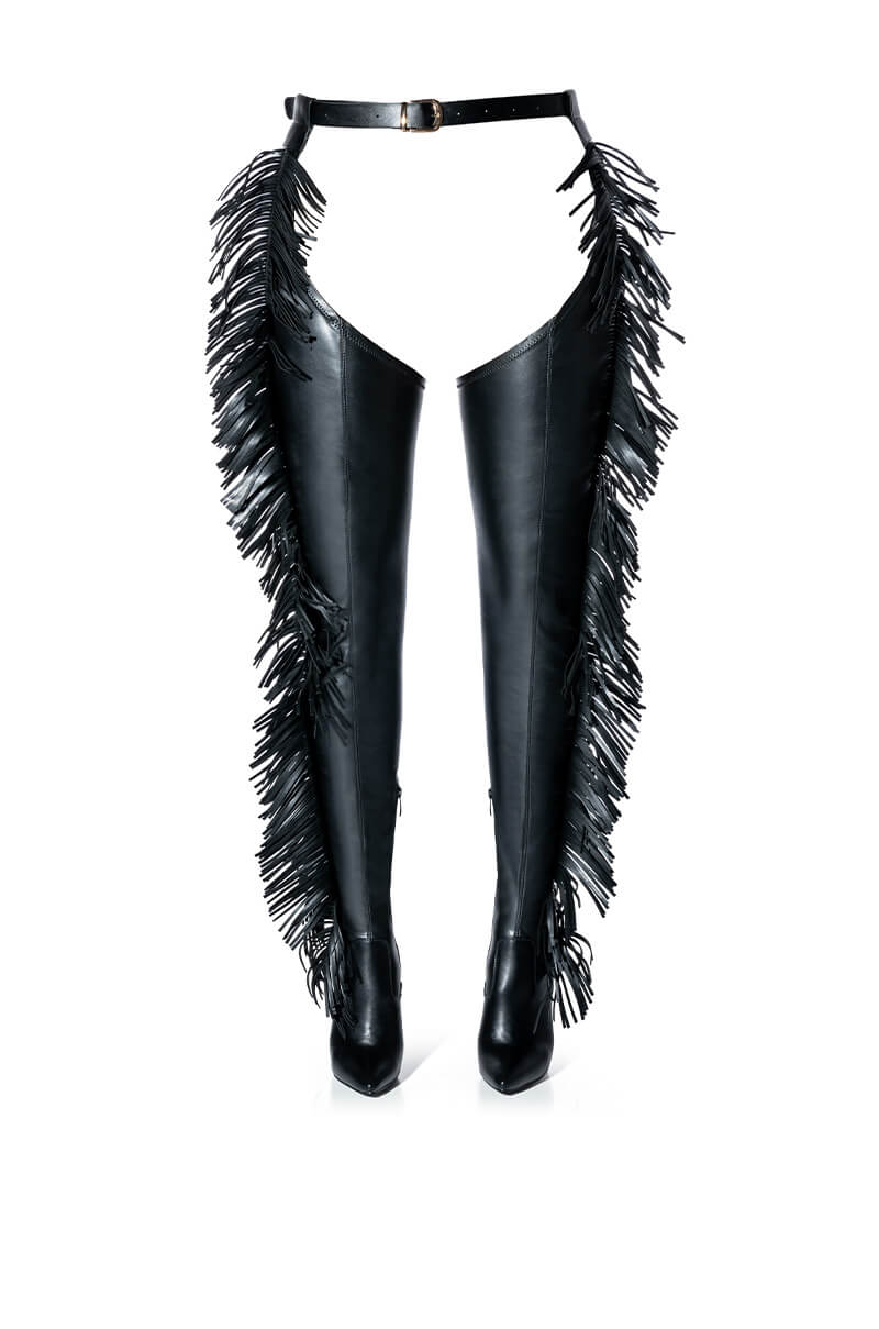 AZALEA WANG RIDE AT DAWN BELTED THIGH HIGH STILETTO FRINGE CHAP BOOT WITH 4 WAY STRETCH