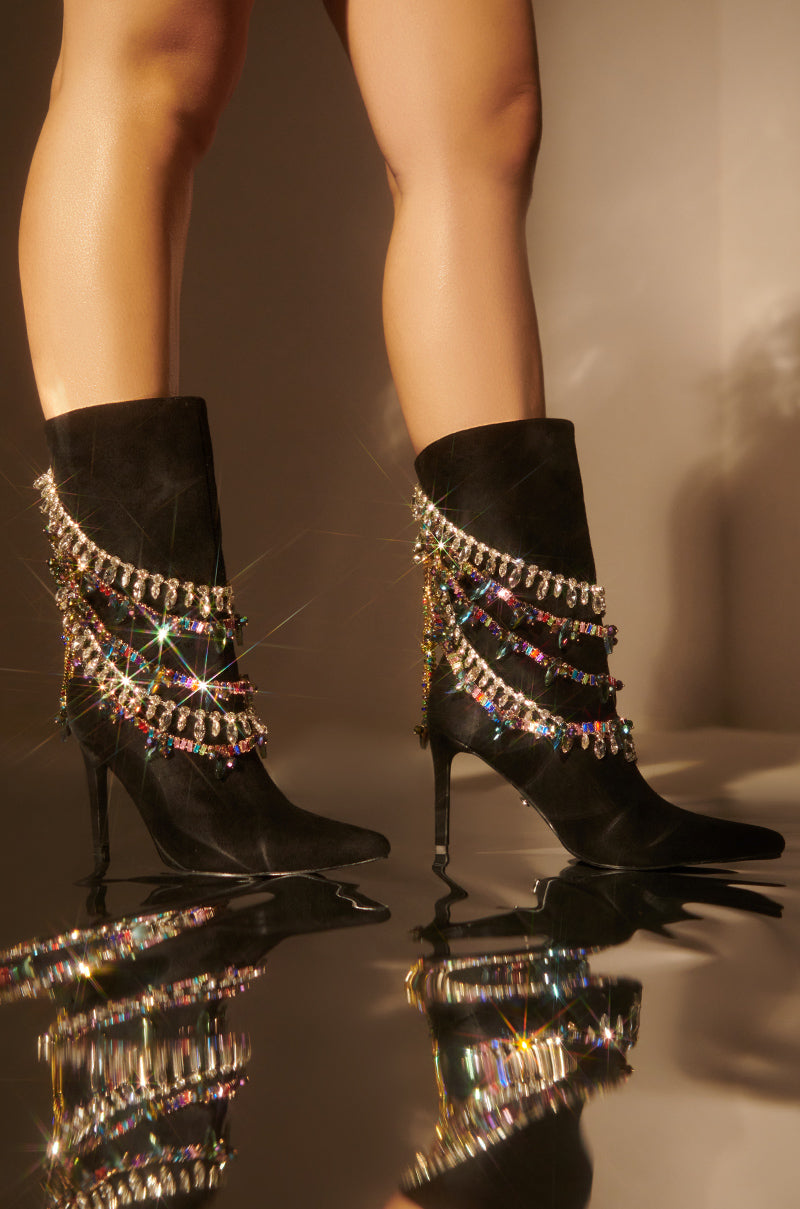 AZALEA WANG CONEJITO BLACK SUEDE BOOTIE WITH RAINBOW DIAMONDS