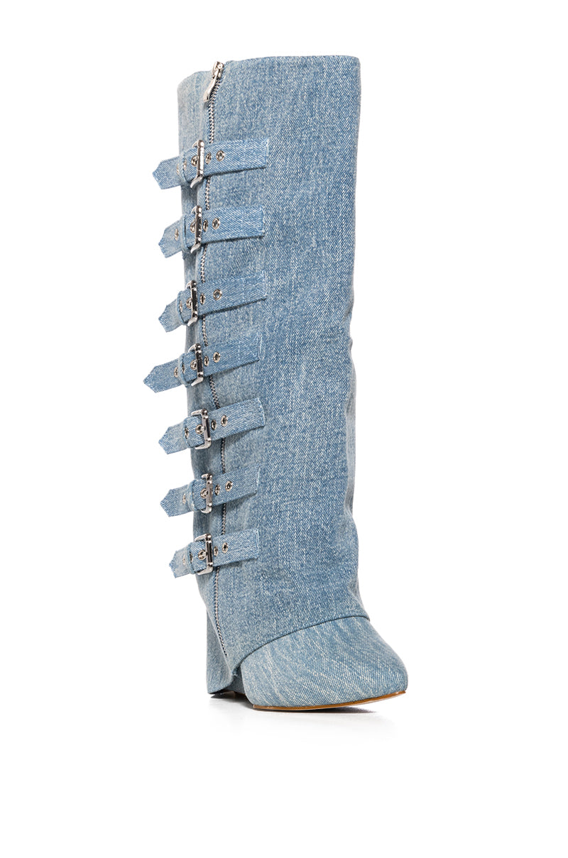 AZALEA WANG RISNA DENIM BUCKLE DETAIL WEDGE BOOT