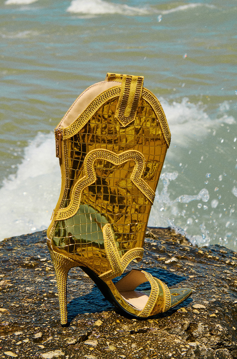 NANAYE GOLD WESTERN CROC EMBOSSED OPEN TOE SANDAL BOOTIE