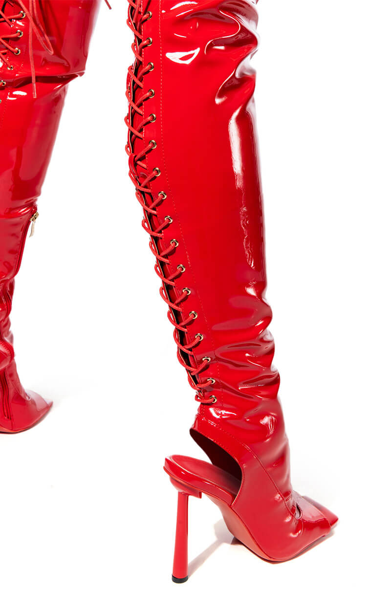 AZALEA WANG YORI SEXY PATENT OPEN TOE BOOT IN RED