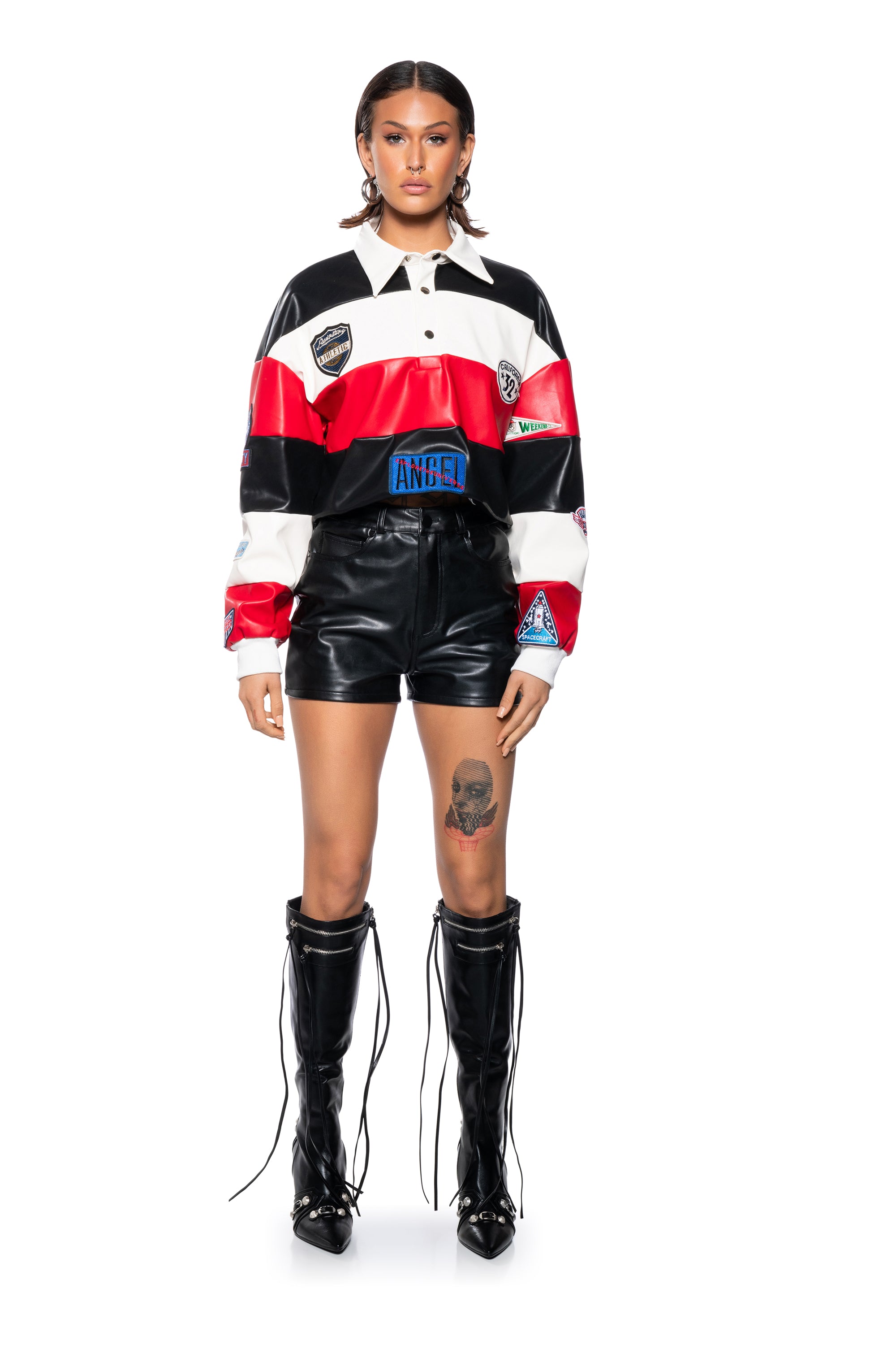 VARSITY LETTER FAUX LEATHER STRIPED PULL OVER