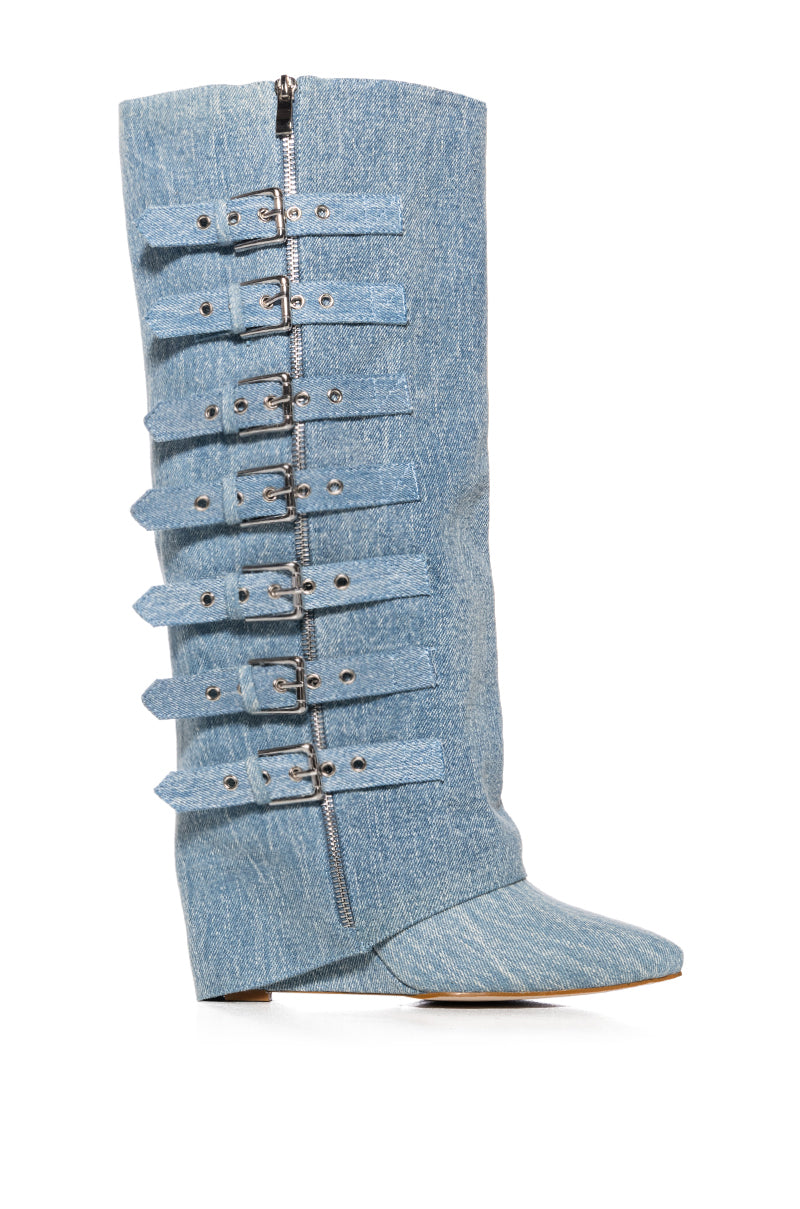 AZALEA WANG RISNA DENIM BUCKLE DETAIL WEDGE BOOT