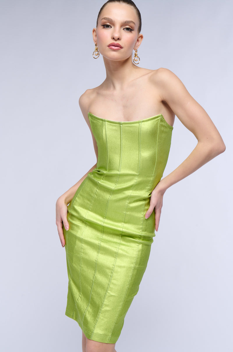 MEET ME IN THE METALLICS MIDI DRESS IN LIME