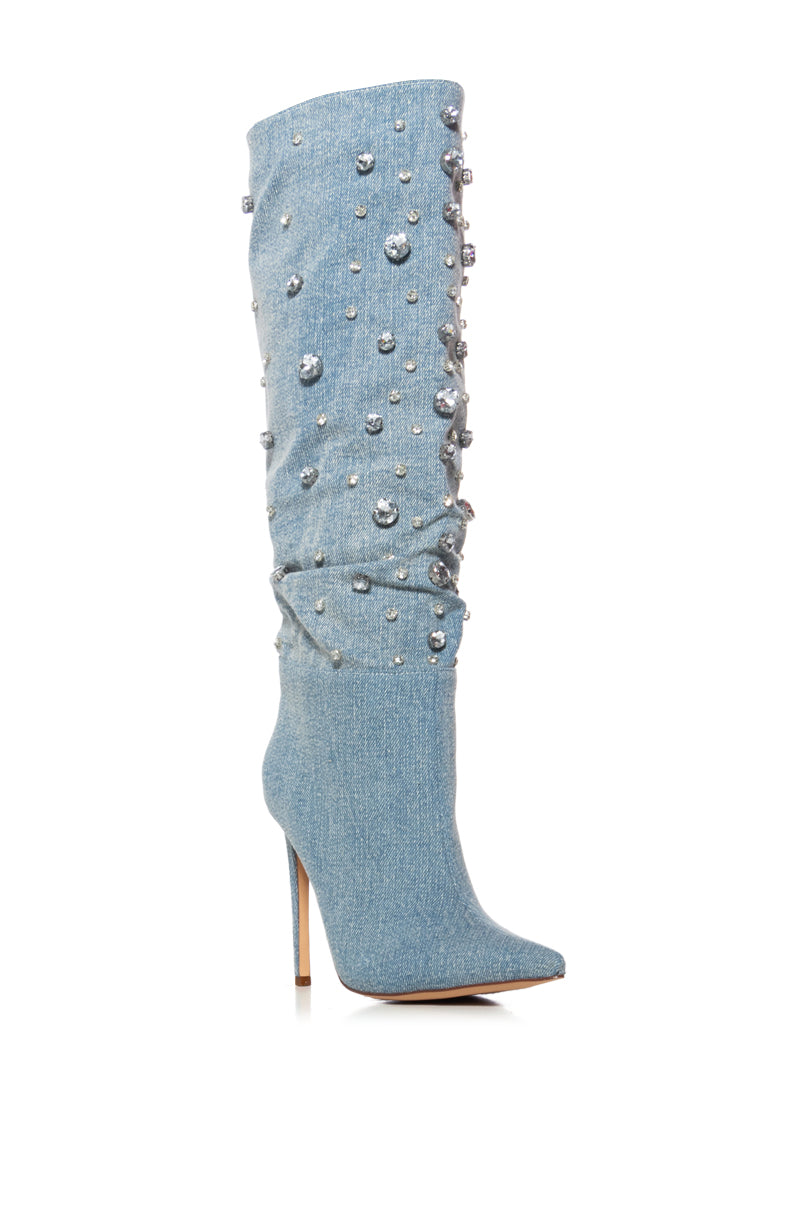 AZALEA WANG STARSHINE DENIM AND RHINESTONE SLOUCH BOOT