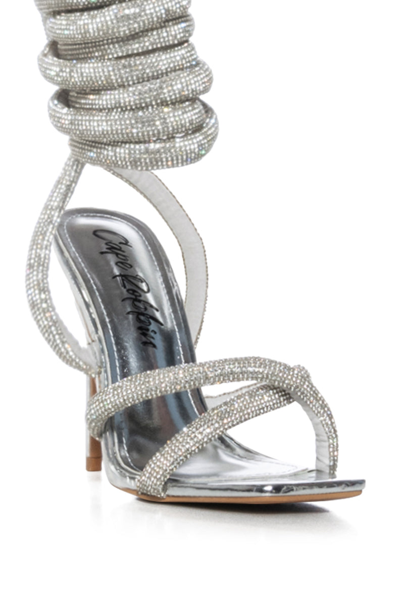 GEMMA PADDED RHINESTONE LACE UP SANDAL IN SILVER