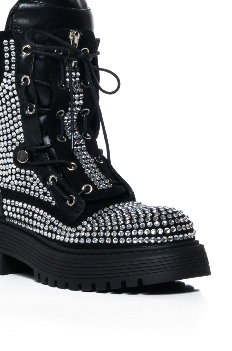 AZALEA WANG AMENITY BLACK RHINESTONE COMBAT BOOTIE