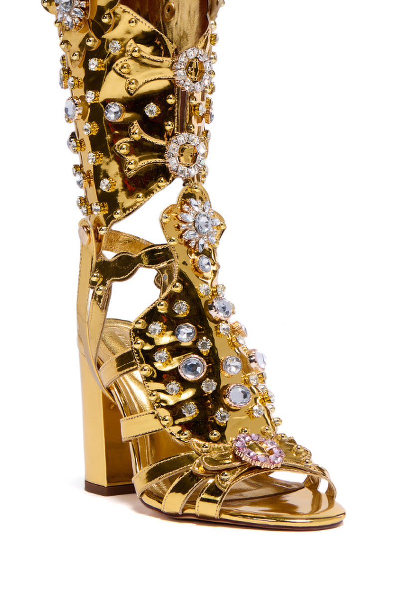 AZALEA WANG NORINNE GOLD EMBELLISHED GLADIATOR OPEN TOE SANDAL BOOT