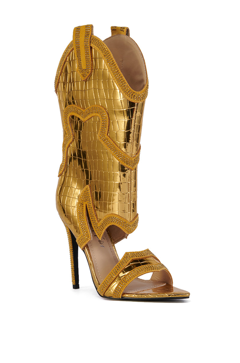 NANAYE GOLD WESTERN CROC EMBOSSED OPEN TOE SANDAL BOOTIE