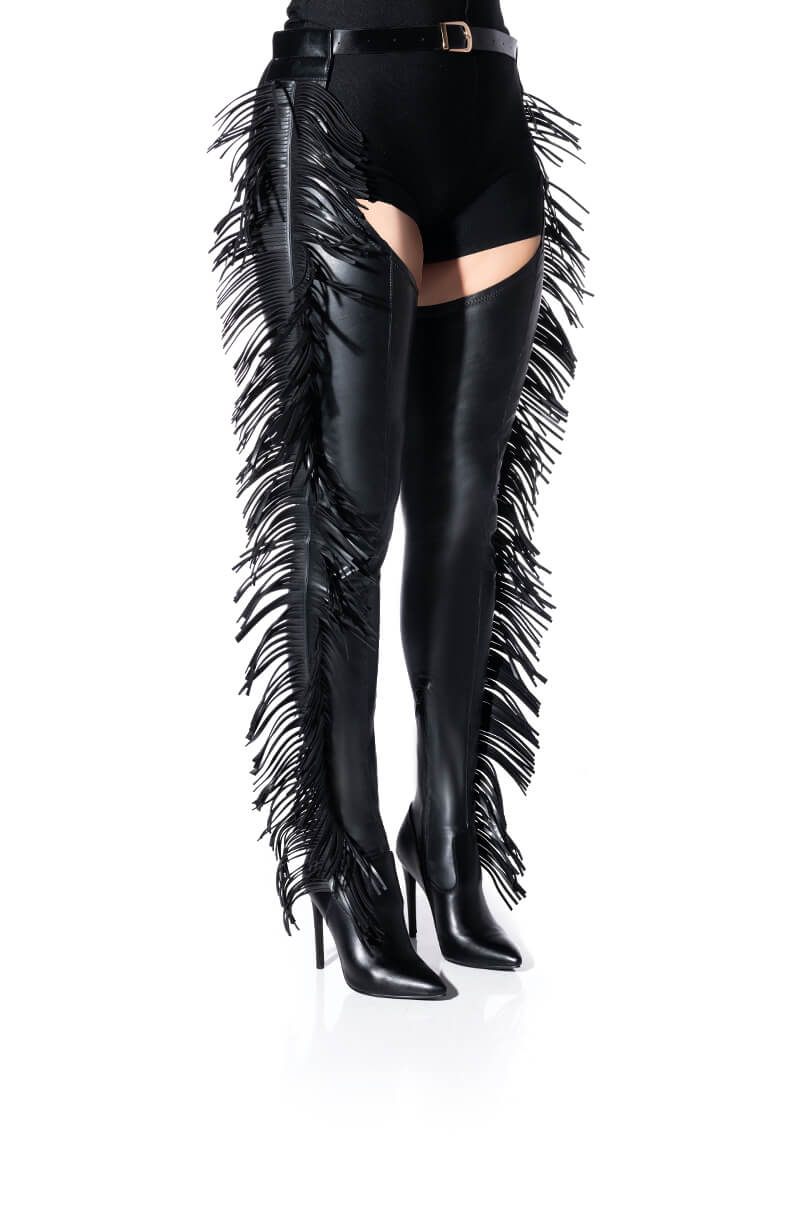 AZALEA WANG RIDE AT DAWN BELTED THIGH HIGH STILETTO FRINGE CHAP BOOT WITH 4 WAY STRETCH