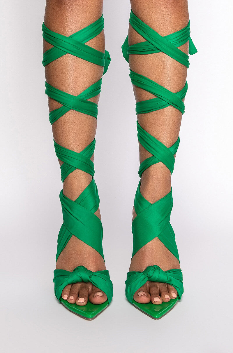 AZALEA WANG TIMMI TIE UP STILETTO SANDAL IN GREEN