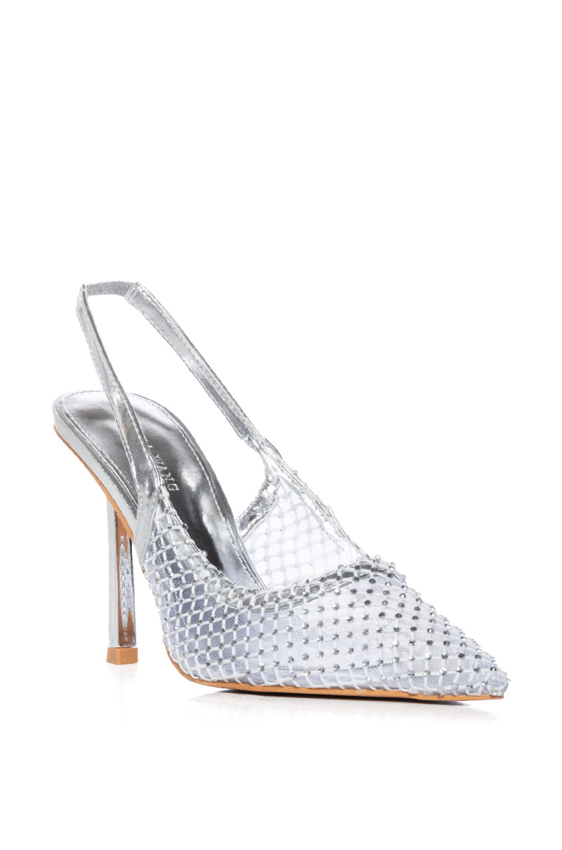 AZALEA WANG EXCITEMENT MESH AND RHINESTONE SILVER PUMP