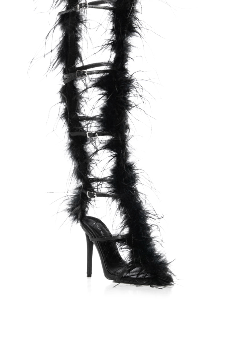 AZALEA WANG TRINITY BLACK STRAPPY FEATHER SANDAL