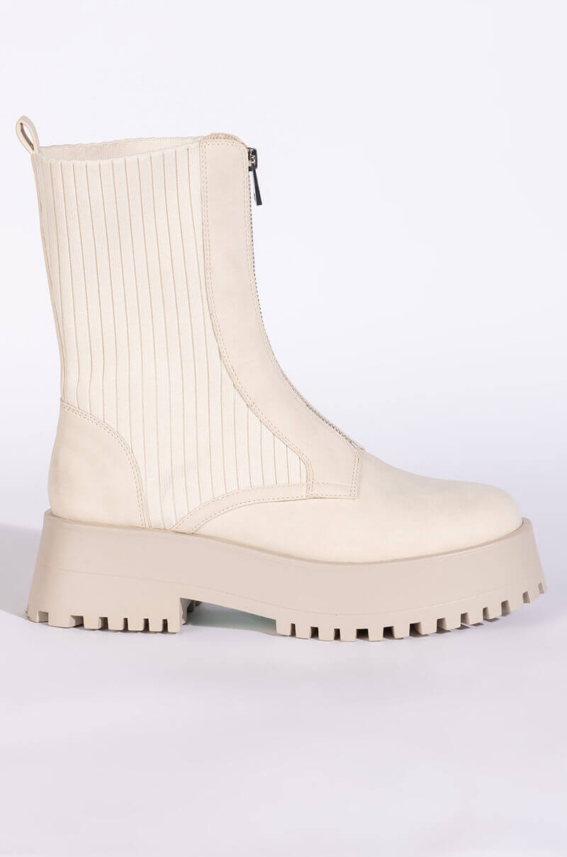 AZALEA WANG KENNEDY KNIT FRONT ZIP FLATFORM BOOTIE IN BONE