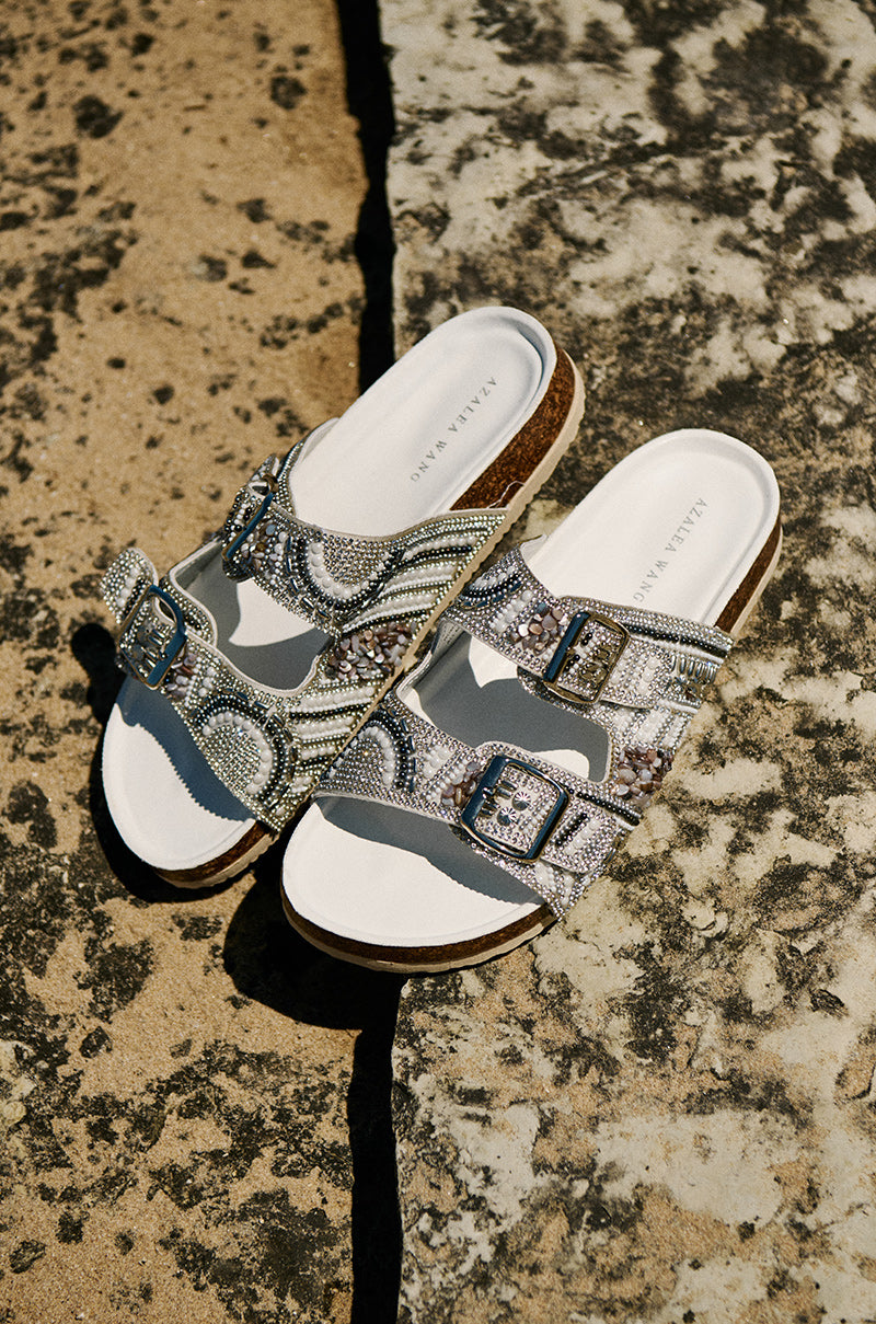 AZALEA WANG ROMILLY WHITE EMBELLISHED FLAT SANDAL