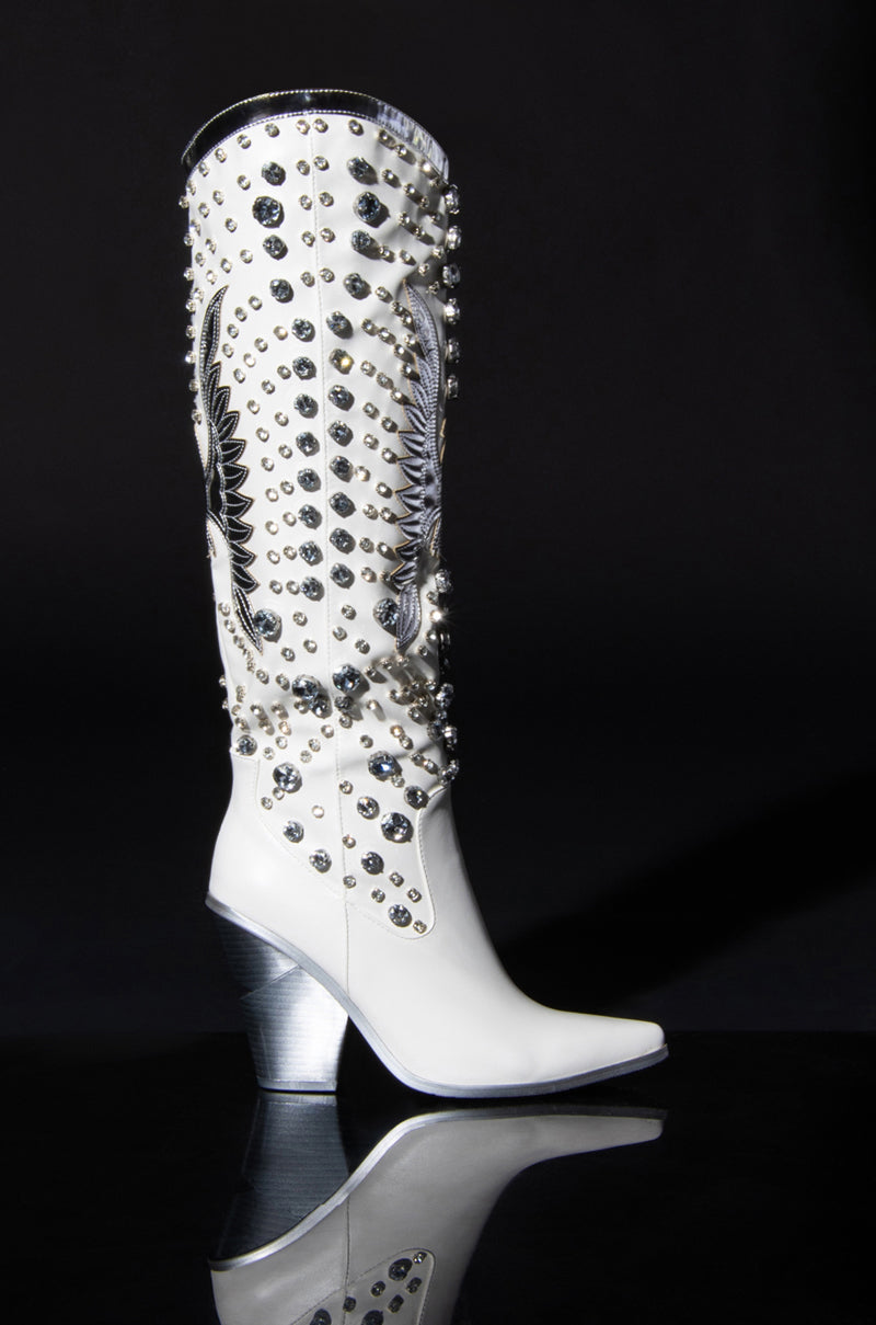 AZALEA WANG UPBEAT EMBELLISHED STILETTO BOOT IN WHITE