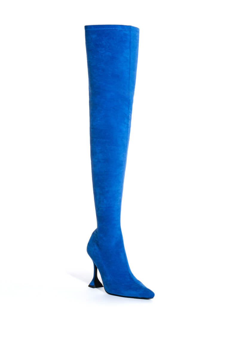 AZALEA WANG ELEVATE THIGH HIGH STRETCH SUEDE BOOT IN BLUE