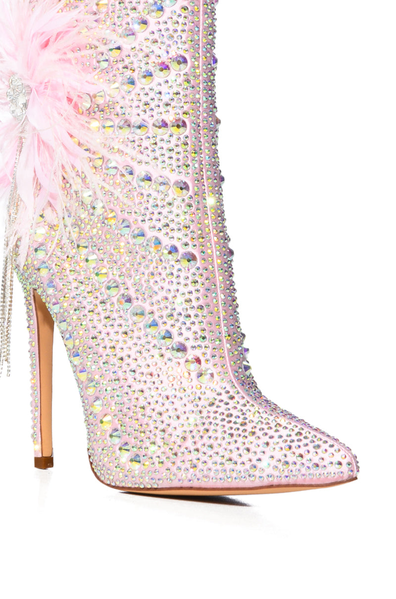 AZALEA WANG CRYSTALIZE EMBELLISHED FEATHER FLOWER BOOTIE IN PINK