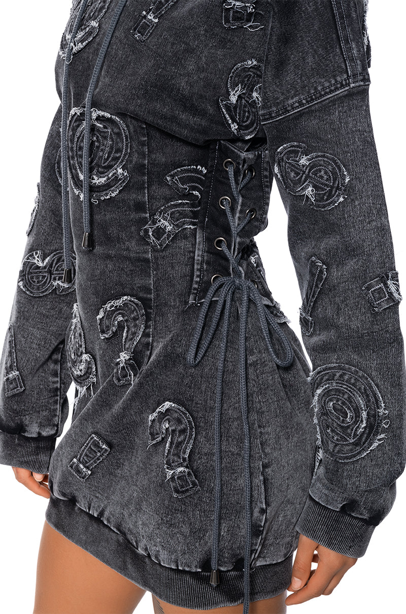 SO MANY QUESTIONS FRAYED DENIM HOODIE MINI DRESS