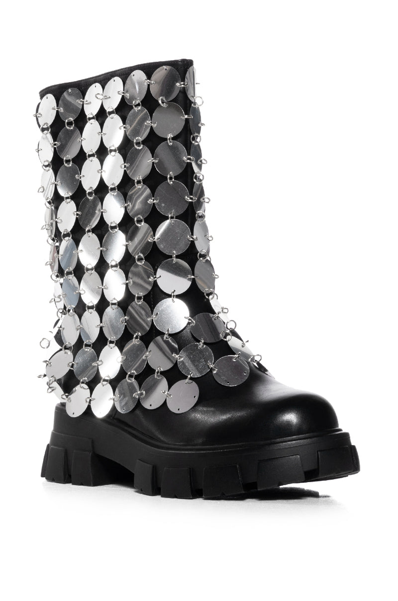 AZALEA WANG QUINNIE SILVER DISC EMBELLISHED BOOT IN BLACK