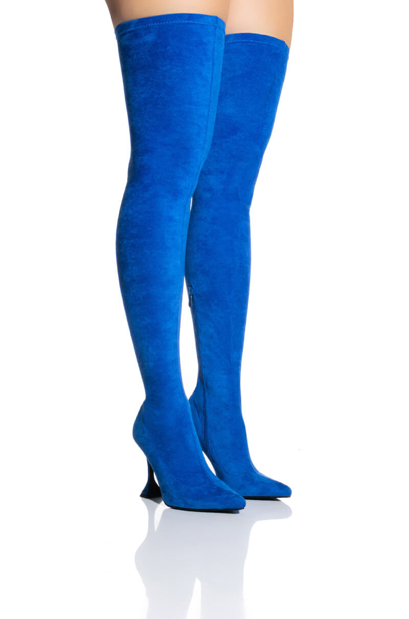 AZALEA WANG ELEVATE THIGH HIGH STRETCH SUEDE BOOT IN BLUE