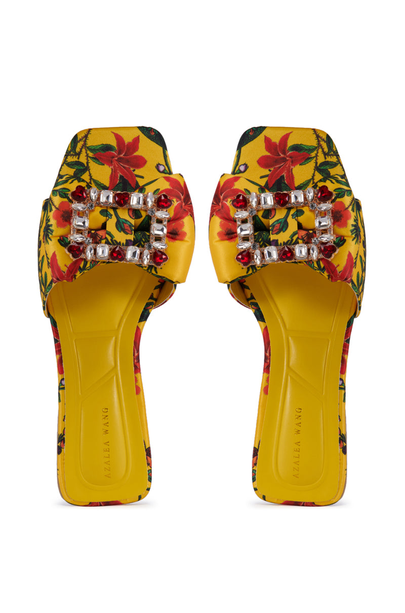 AZALEA WANG KESTRELL YELLOW FLORAL RHINESTONE BUCKLE SANDAL