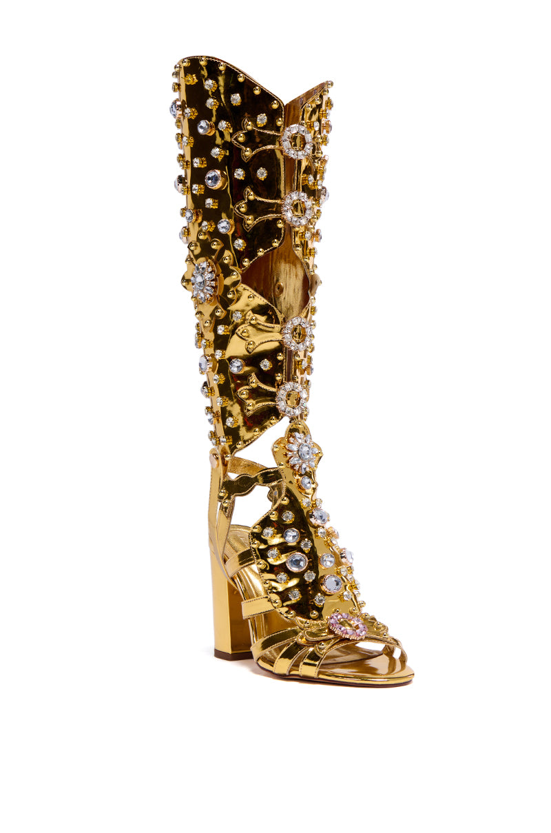 AZALEA WANG NORINNE GOLD EMBELLISHED GLADIATOR OPEN TOE SANDAL BOOT