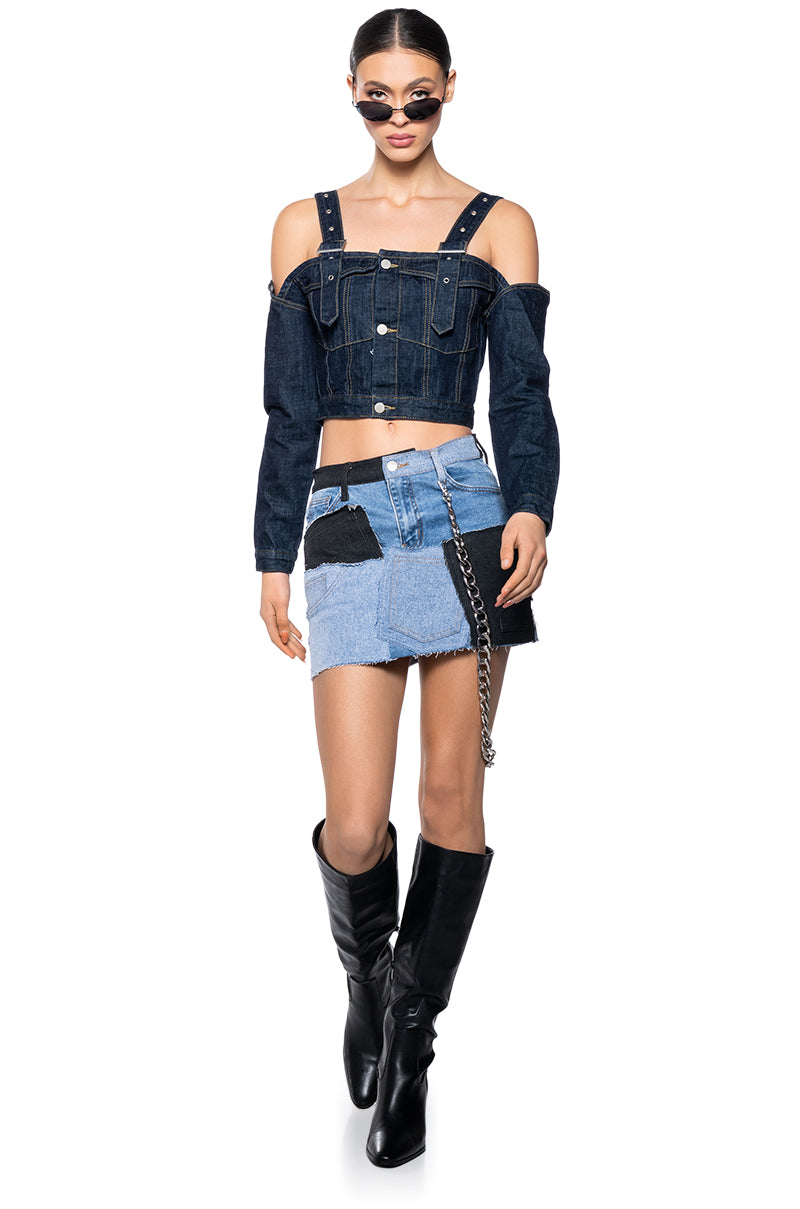 SWEETIE COLD SHOULDER RAW DENIM JACKET