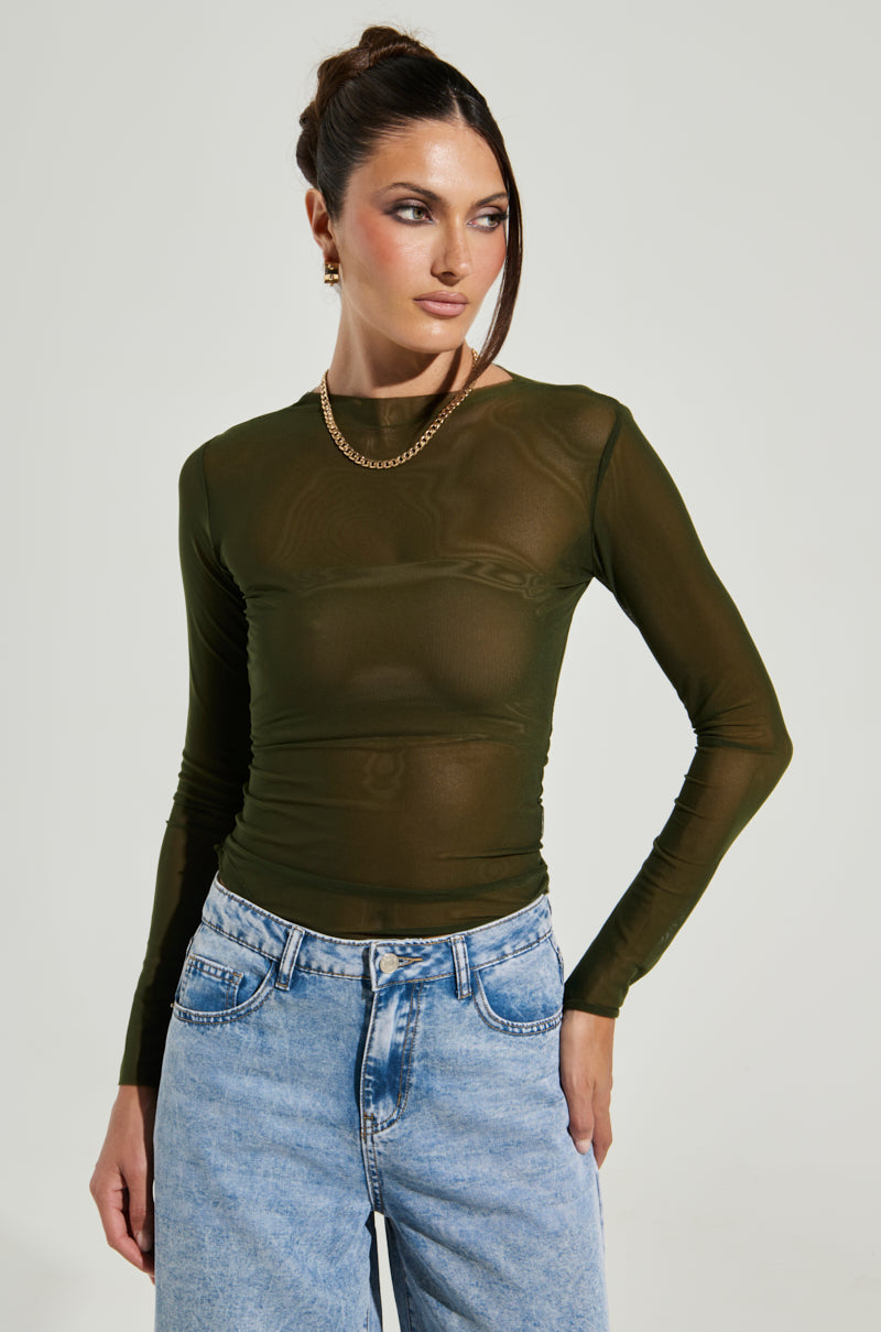 PAXTON RAW HEM LONG SLEEVE MESH TEE IN OLIVE