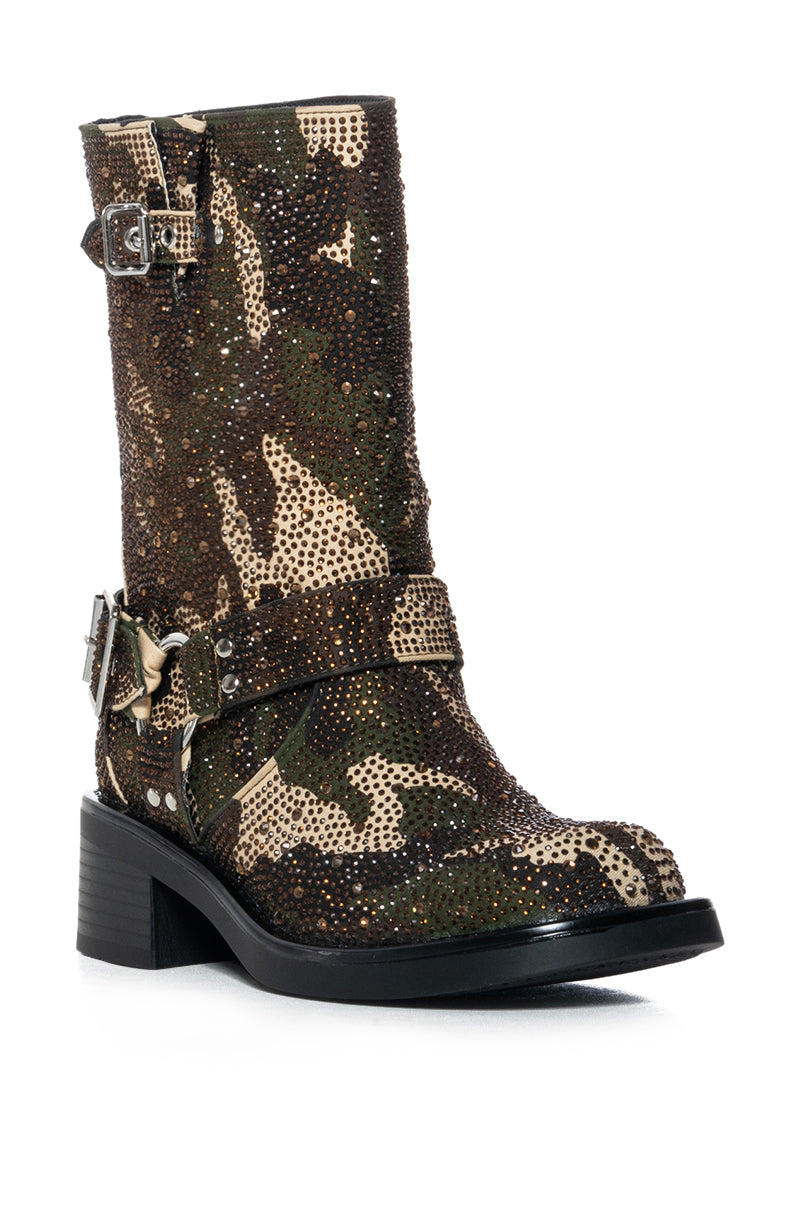 AZALEA WANG ROWENA CAMO RHINESTONE BOOTIE